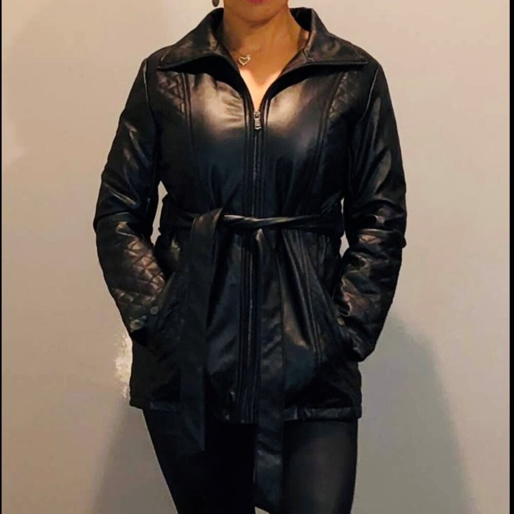 Black Faux Leather Belted Jacket